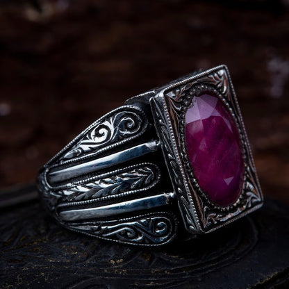 Zyan Gems | Unique Designed Turkish Style Heavy Ring with Natural Red Ruby GOLD PLATED Micron Plated  Sterling Silver Oxidized Ring