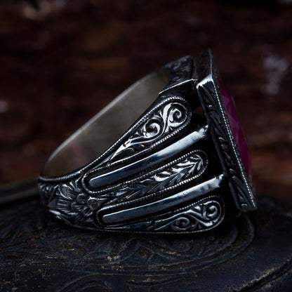Zyan Gems | Unique Designed Turkish Style Heavy Ring with Natural Red Ruby GOLD PLATED Micron Plated 925 Sterling Silver Oxidized Ring Jewelry Authenticity and 925