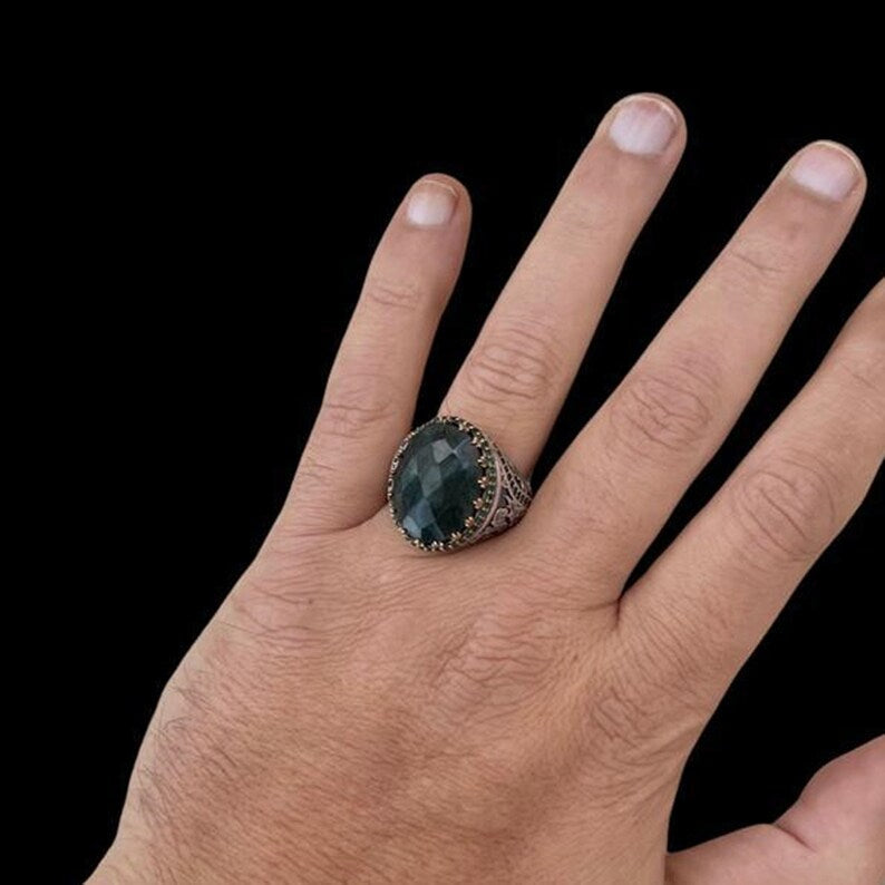 Unique Designed Turkish Style Ring with Natural Emerald |  Sterling Silver Oxidized Ring |With Certificate of Authenticity and