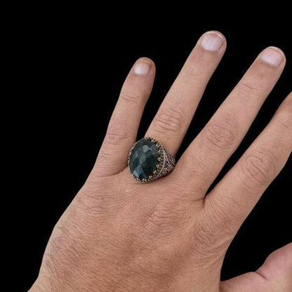 Unique Designed Turkish Style Ring with Natural Emerald |  Sterling Silver Oxidized Ring |With Certificate of Authenticity and
