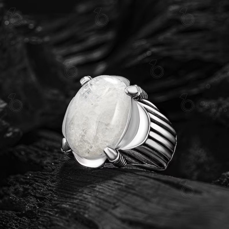 Zyan Gems | Unique Designed Turkish Style Ring with Natural Moonstone |  Sterling Silver Oxidized Ring | MRen's