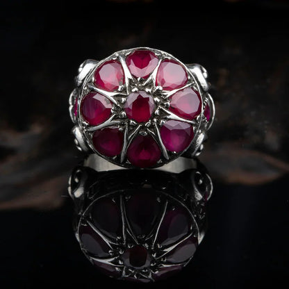 Zyan Gems | Unique Designed Ring with Natural Victorian Ruby Dome|  Sterling Silver Oxidized Ring