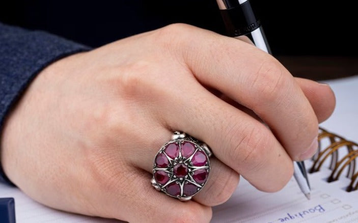 Zyan Gems | Unique Designed Ring with Natural Victorian Ruby Dome| 925 Sterling Silver Oxidized Ring Jewelry Authenticity and 925
