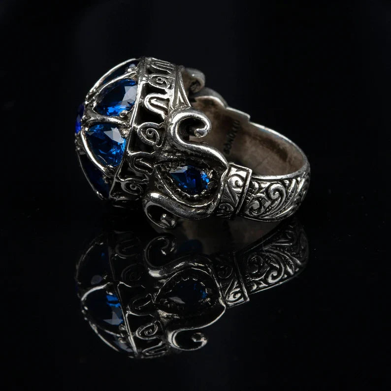 Zyan Gems | Unique Turkish Style Ring with Victorian Blue Zircon |  Sterling Silver Oxidized Ring