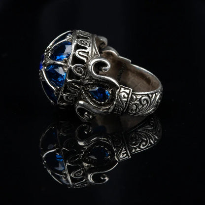 Zyan Gems | Unique Turkish Style Ring with Victorian Blue Zircon |  Sterling Silver Oxidized Ring