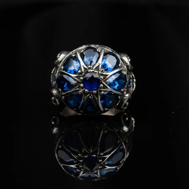 Zyan Gems | Unique Turkish Style Ring with Victorian Blue Zircon |  Sterling Silver Oxidized Ring