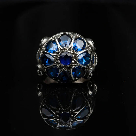 Zyan Gems | Unique Turkish Style Ring with Victorian Blue Zircon |  Sterling Silver Oxidized Ring