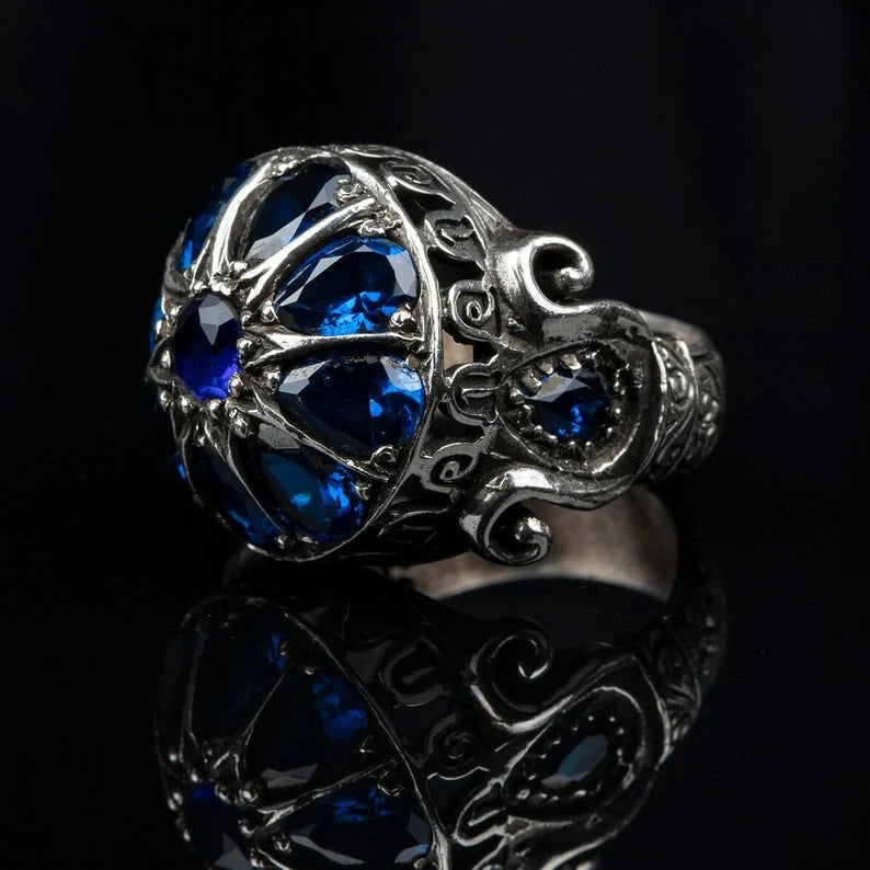 Zyan Gems | Unique Turkish Style Ring with Victorian Blue Zircon |  Sterling Silver Oxidized Ring