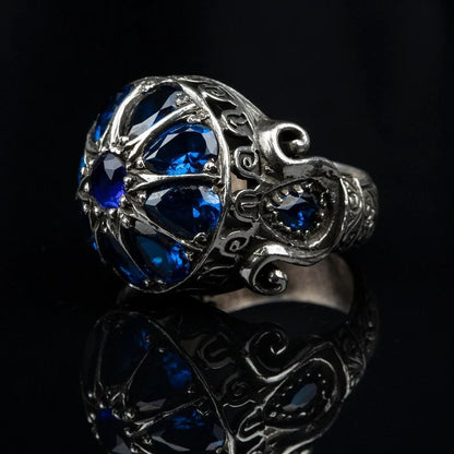 Zyan Gems | Unique Turkish Style Ring with Victorian Blue Zircon |  Sterling Silver Oxidized Ring