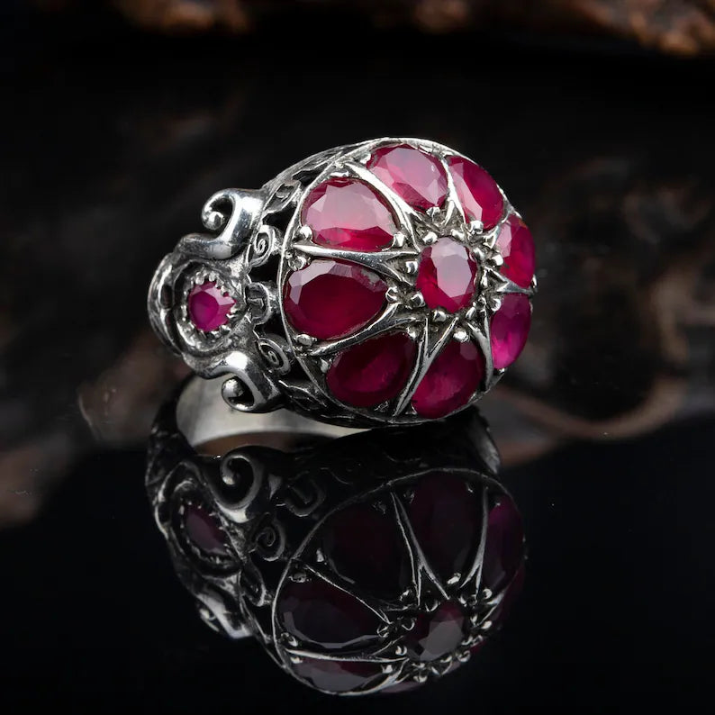 Zyan Gems | Unique Designed Ring with Natural Victorian Ruby Dome| 925 Sterling Silver Oxidized Ring Jewelry Authenticity and 925