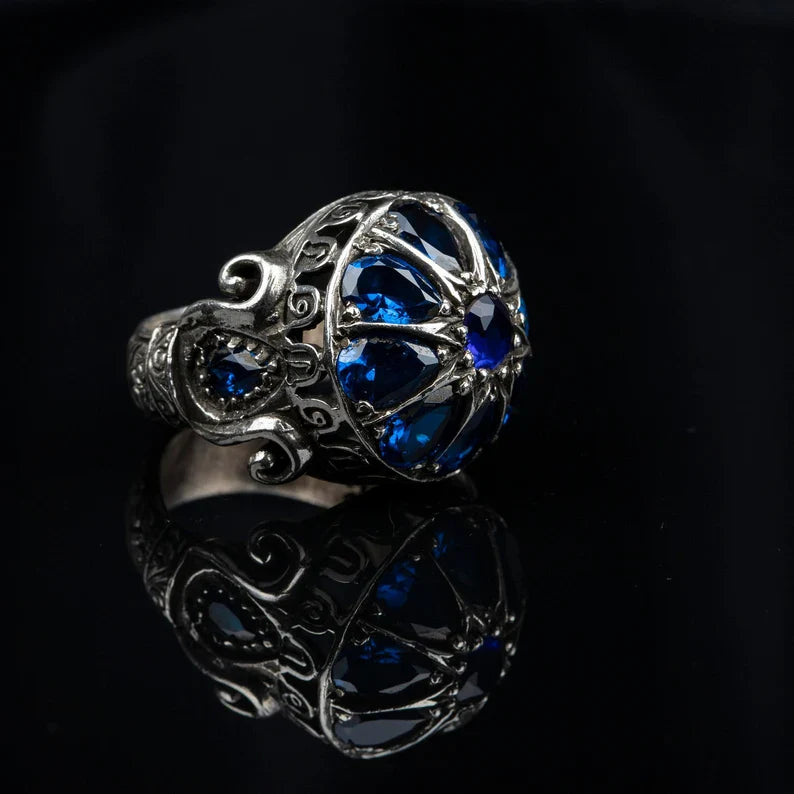 Zyan Gems | Unique Turkish Style Ring with Victorian Blue Zircon |  Sterling Silver Oxidized Ring