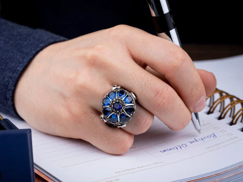 Zyan Gems | Unique Turkish Style Ring with Victorian Blue Zircon |  Sterling Silver Oxidized Ring