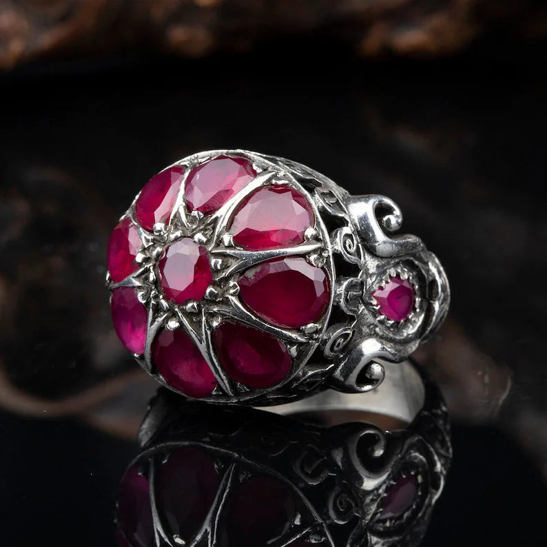 Zyan Gems | Unique Designed Ring with Natural Victorian Ruby Dome|  Sterling Silver Oxidized Ring
