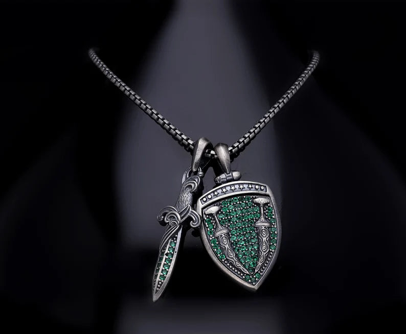 Zyan Gems | Unique Designed Sword & Shield Silver Pendant With Green Zirconia Stone for Men |  Sterling Silver Oxidized Pendant