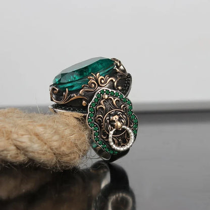 Unique Designed Turkish Style Ring with Emerald |  Sterling Silver Oxidized Ring Authenticity and