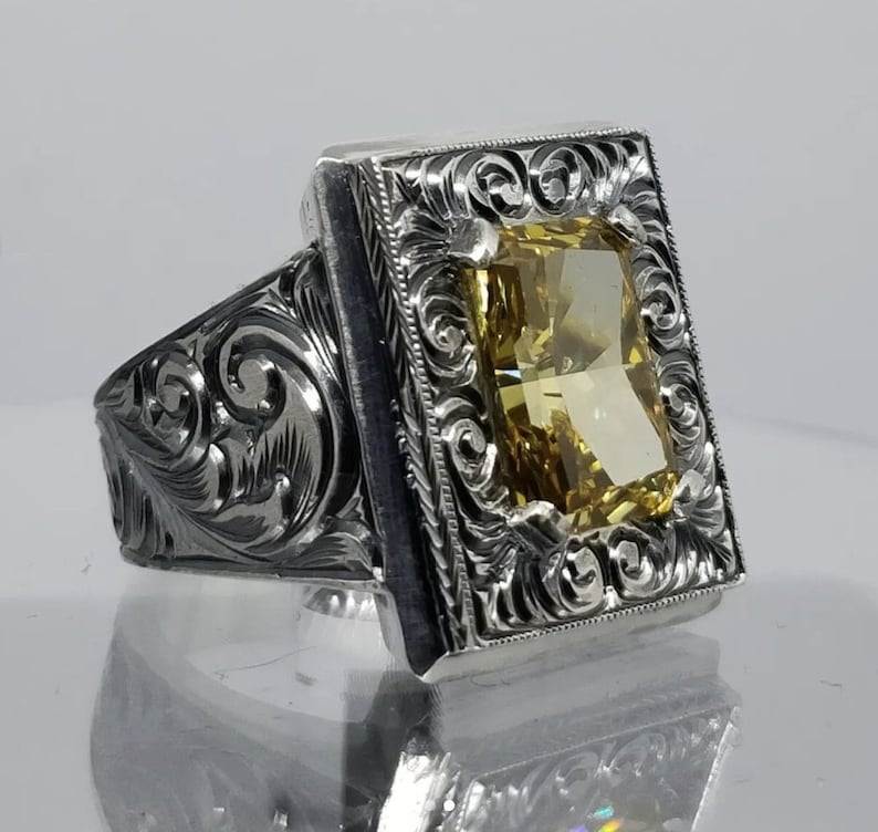 Zyan Gems | Unique Hand-Engraved Turkish Style Ring with AAA+ Natural Yellow Citrine,  Sterling Silver Oxidized Ring