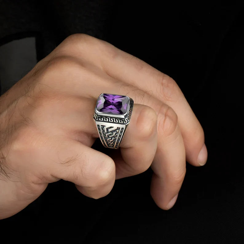 Zyan Gems | Unique  Designed Turkish Style Ring with Purple Amethyst ,  Sterling Silver Oxidized Ring