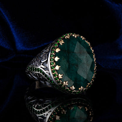 Unique Designed Turkish Style Ring with Natural Emerald |  Sterling Silver Oxidized Ring |With Certificate of Authenticity and