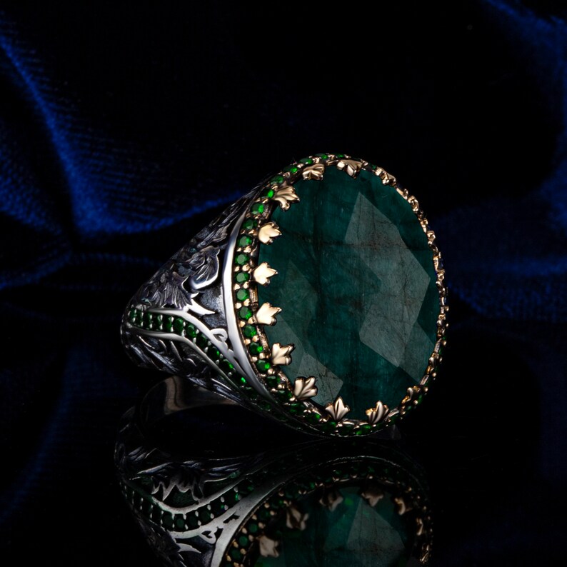 Unique Designed Turkish Style Ring with Natural Emerald |  Sterling Silver Oxidized Ring |With Certificate of Authenticity and