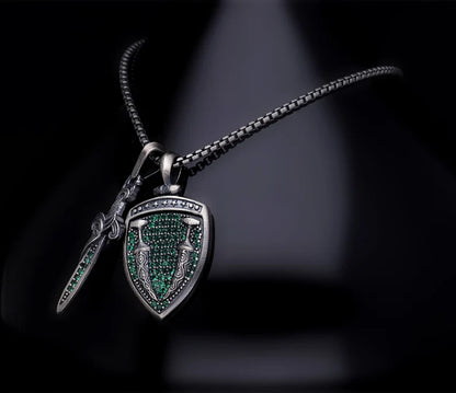 Zyan Gems | Unique Designed Sword & Shield Silver Pendant With Green Zirconia Stone for Men |  Sterling Silver Oxidized Pendant