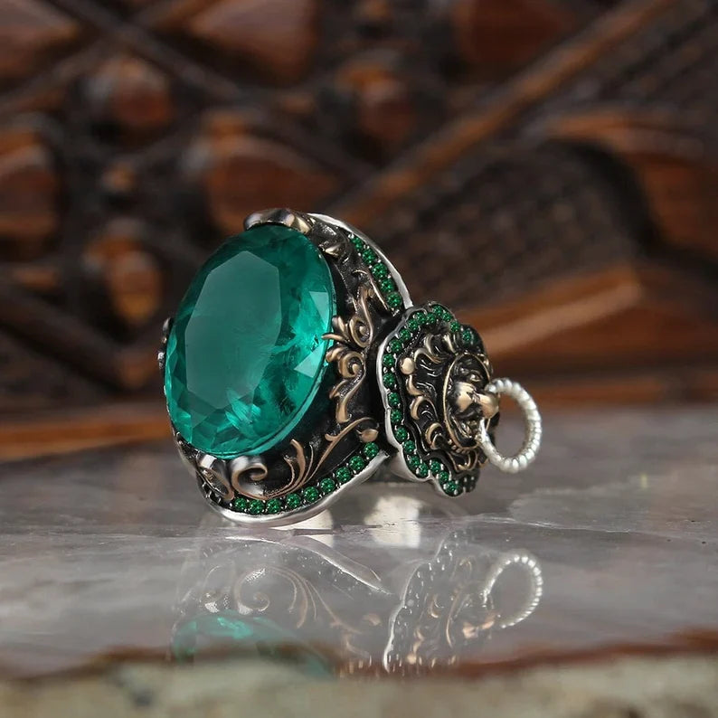Unique Designed Turkish Style Ring with Emerald |  Sterling Silver Oxidized Ring Authenticity and