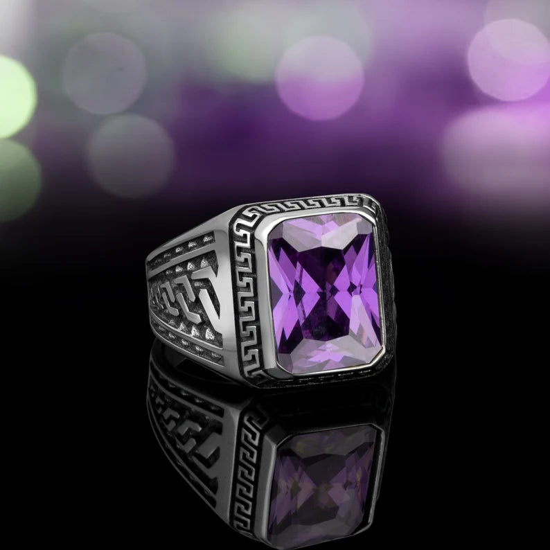 Zyan Gems | Unique  Designed Turkish Style Ring with Purple Amethyst ,  Sterling Silver Oxidized Ring