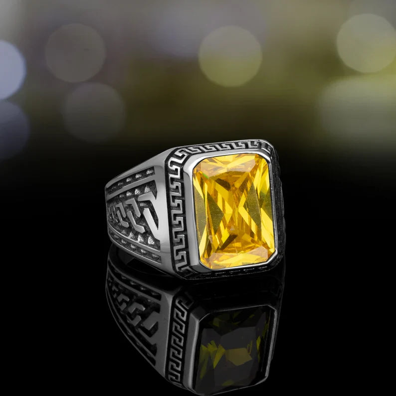 Zyan Gems | Unique  Designed Turkish Style Ring with Natural Yellow Citrine ,  Sterling Silver Oxidized Ring