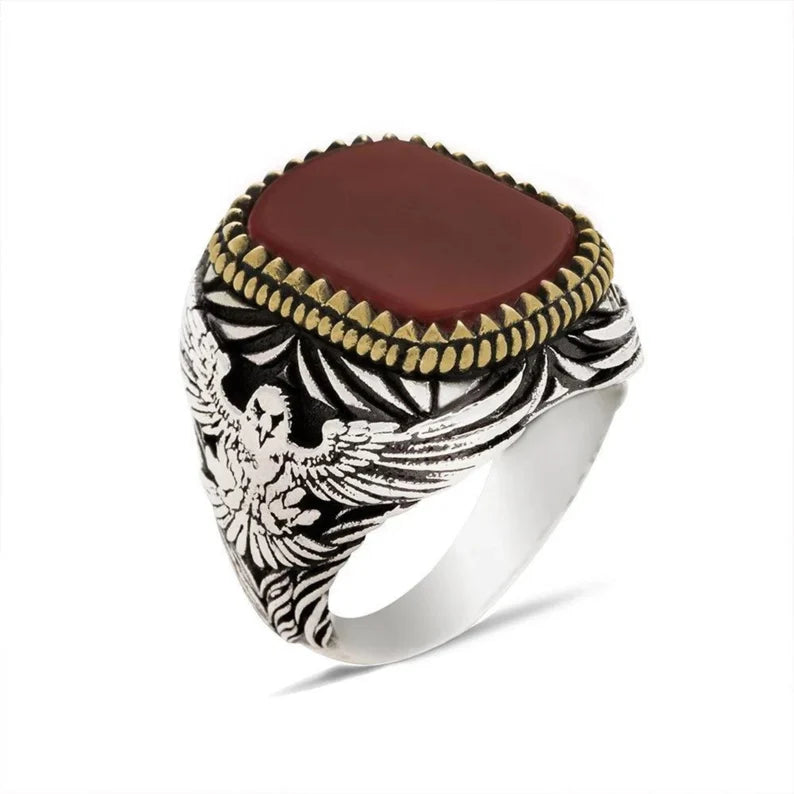Zyan Gems | Unique Turkish Style Ring with Natural Red Agate  |  Sterling Silver Oxidized Ring