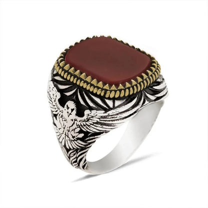 Zyan Gems | Unique Turkish Style Ring with Natural Red Agate  |  Sterling Silver Oxidized Ring