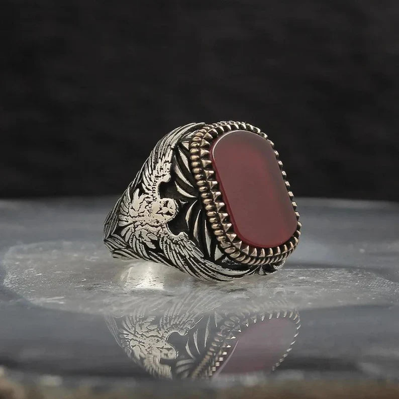 Zyan Gems | Unique Turkish Style Ring with Natural Red Agate  |  Sterling Silver Oxidized Ring