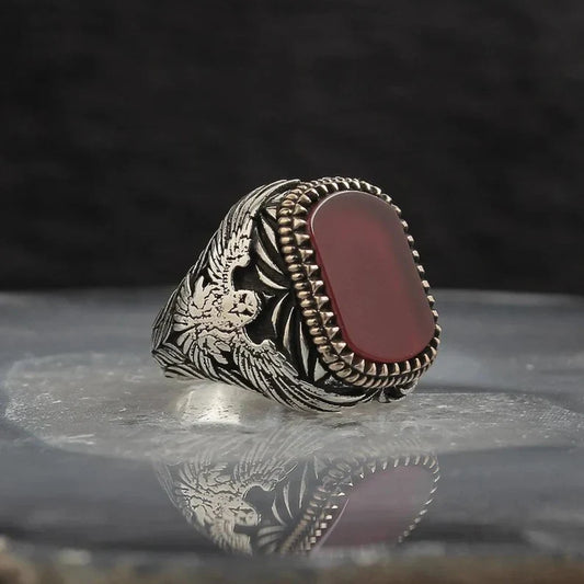 Zyan Gems | Unique Turkish Style Ring with Natural Red Agate  |  Sterling Silver Oxidized Ring
