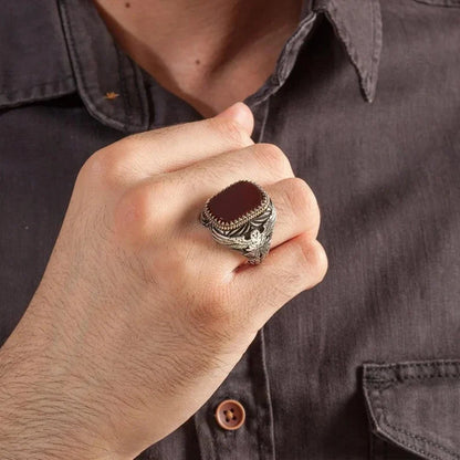 Zyan Gems | Unique Turkish Style Ring with Natural Red Agate  |  Sterling Silver Oxidized Ring