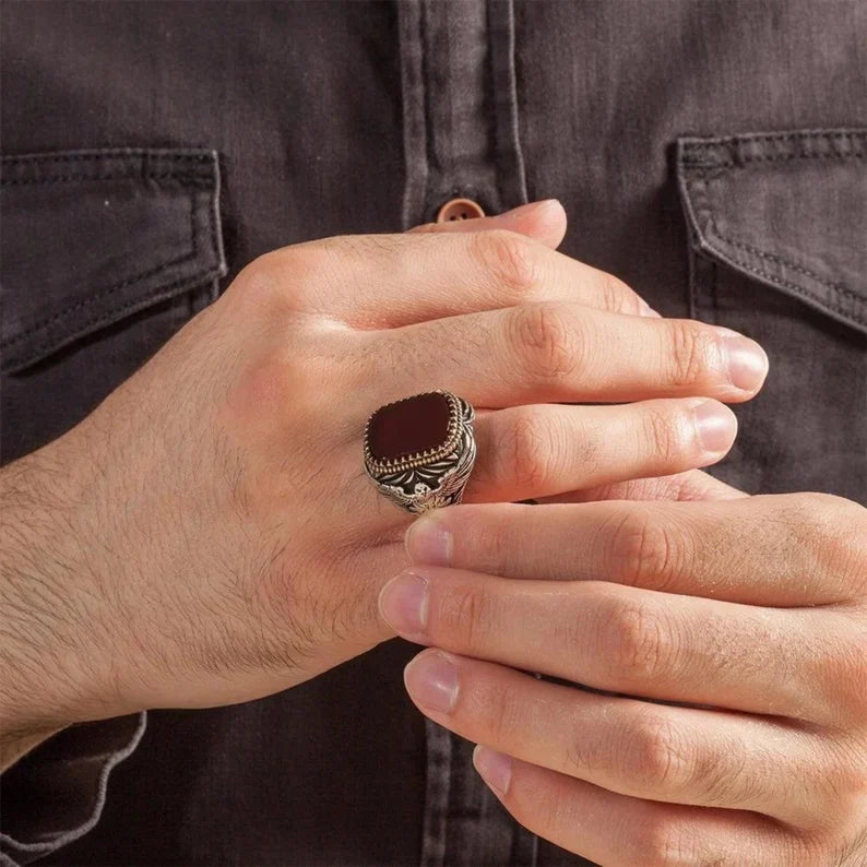 Zyan Gems | Unique Turkish Style Ring with Natural Red Agate  |  Sterling Silver Oxidized Ring