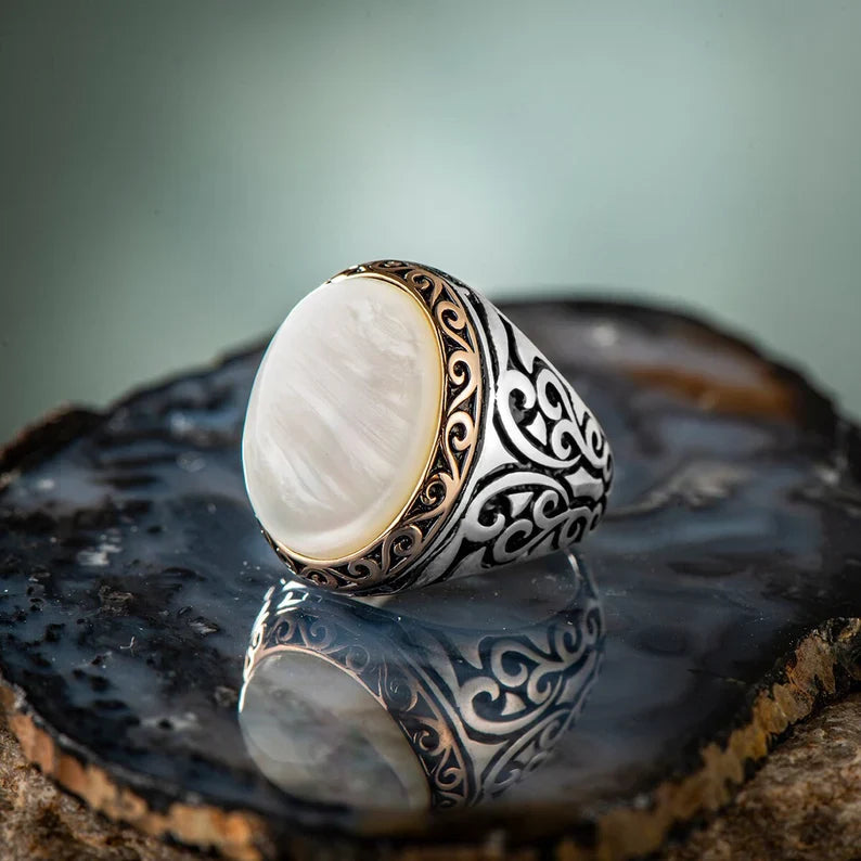 Zyan Gems | Unique Turkish Style Ring with Natural Pearl |  Sterling Silver Oxidized Ring