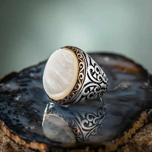 Zyan Gems | Unique Turkish Style Ring with Natural Pearl |  Sterling Silver Oxidized Ring