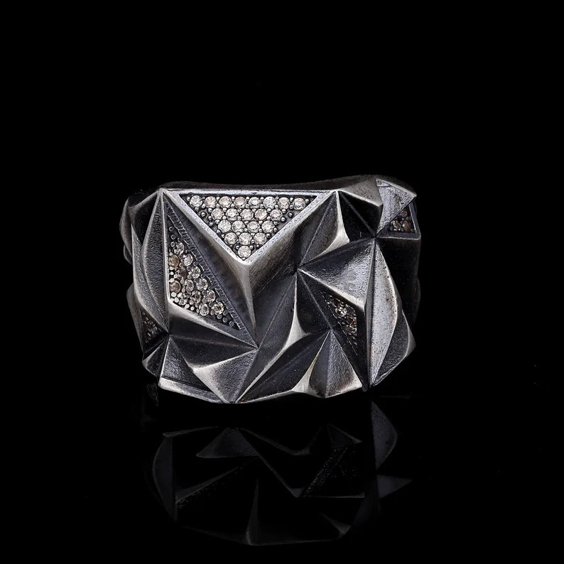 Zyan Gems | Unique Designed Zigzag Style Turkish Style Ring with White Zirconia |  Sterling Silver Oxidized Ring