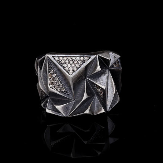 Zyan Gems | Unique Designed Zigzag Style Turkish Style Ring with White Zirconia |  Sterling Silver Oxidized Ring