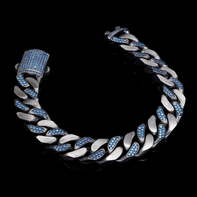 Zyan Gems | 14mm Unique  Blue Iced Cuban Link Bracelet for Men | Dark Oxidized 925 Silver Bracelet Jewelry Authenticity and 925