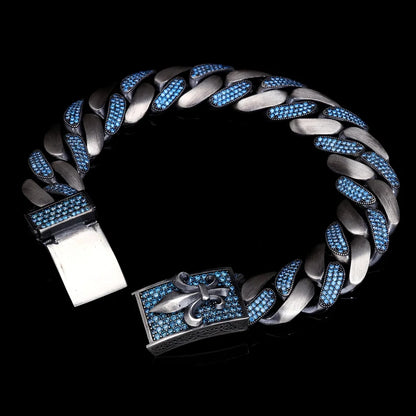 16mm wide, Unique Fleur-De-Lis Blue Iced Cuban Link Bracelet for Men | Dark Oxidized  Silver Bracelet Authenticity and