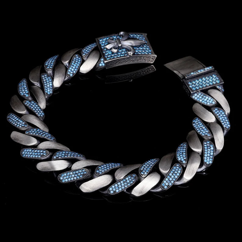 16mm wide, Unique Fleur-De-Lis Blue Iced Cuban Link Bracelet for Men | Dark Oxidized 925 Silver Bracelet Authenticity and 925