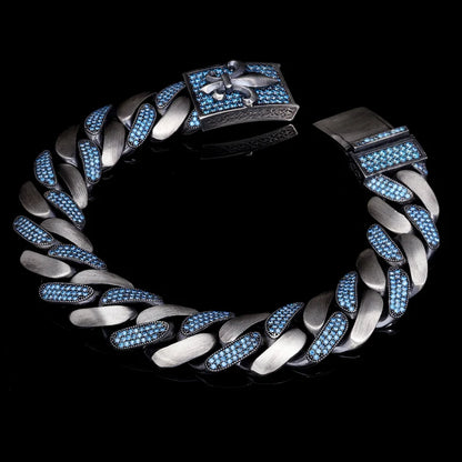 16mm wide, Unique Fleur-De-Lis Blue Iced Cuban Link Bracelet for Men | Dark Oxidized 925 Silver Bracelet Authenticity and 925