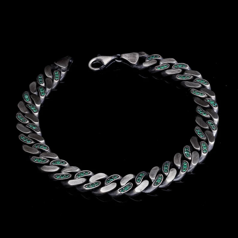 Zyan Gems | 14mm Unique  Green Emerald Iced Cuban Link Bracelet for Men | Dark Oxidized 925 Silver Bracelet Jewelry Authenticity and 925