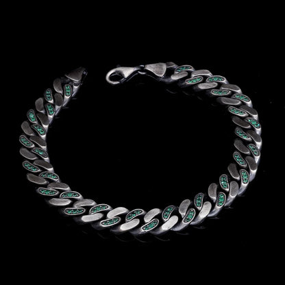 Zyan Gems | 14mm Unique  Green Emerald Iced Cuban Link Bracelet for Men | Dark Oxidized 925 Silver Bracelet Jewelry Authenticity and 925