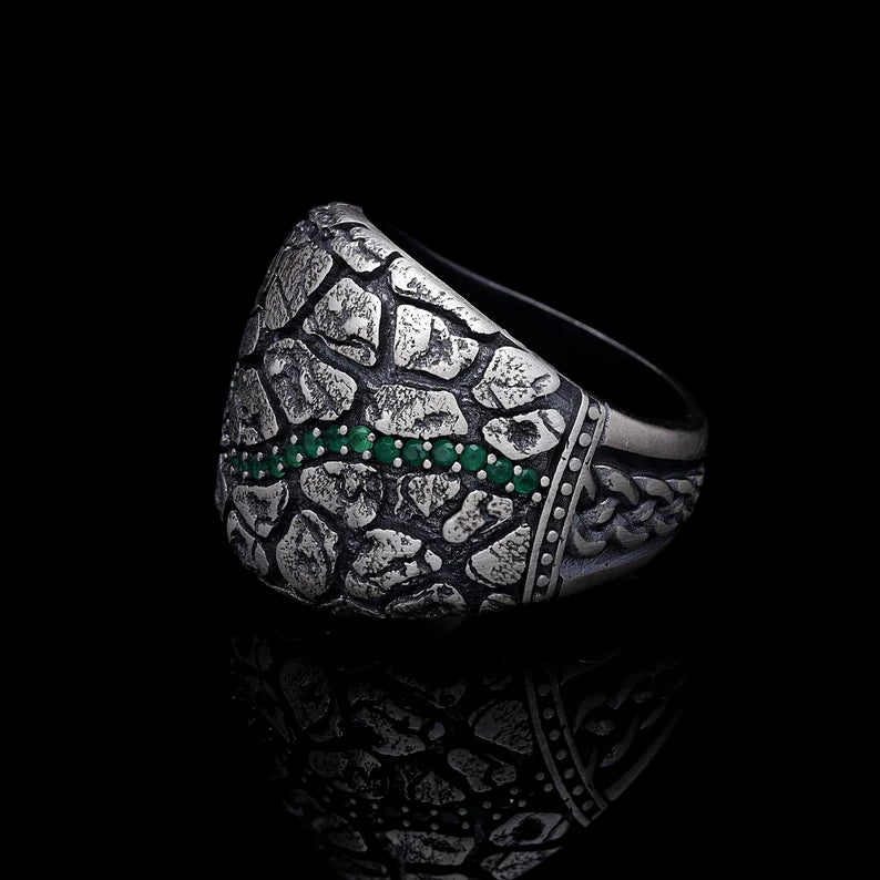 Zyan Gems | Unique Designed Turkish Style Ring with Emerald Stone |  Sterling Silver Oxidized Ring