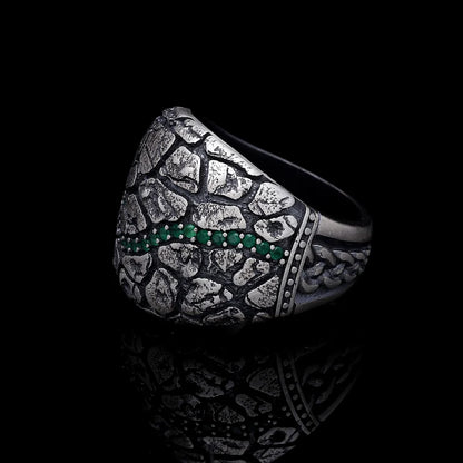 Zyan Gems | Unique Designed Turkish Style Ring with Emerald Stone |  Sterling Silver Oxidized Ring