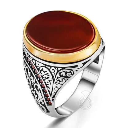 Zyan Gems | Unique Turkish Style Ring with Natural Red Agate  |  Sterling Silver Oxidized Ring