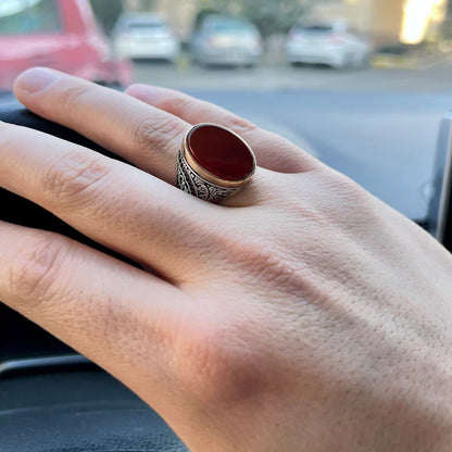 Zyan Gems | Unique Turkish Style Ring with Natural Red Agate  |  Sterling Silver Oxidized Ring