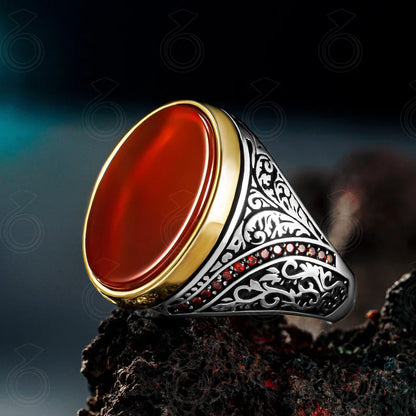 Zyan Gems | Unique Turkish Style Ring with Natural Red Agate  |  Sterling Silver Oxidized Ring
