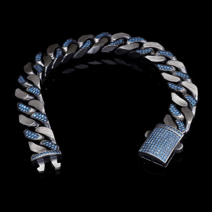 Zyan Gems | 14mm Unique  Blue Iced Cuban Link Bracelet for Men | Dark Oxidized 925 Silver Bracelet Jewelry Authenticity and 925