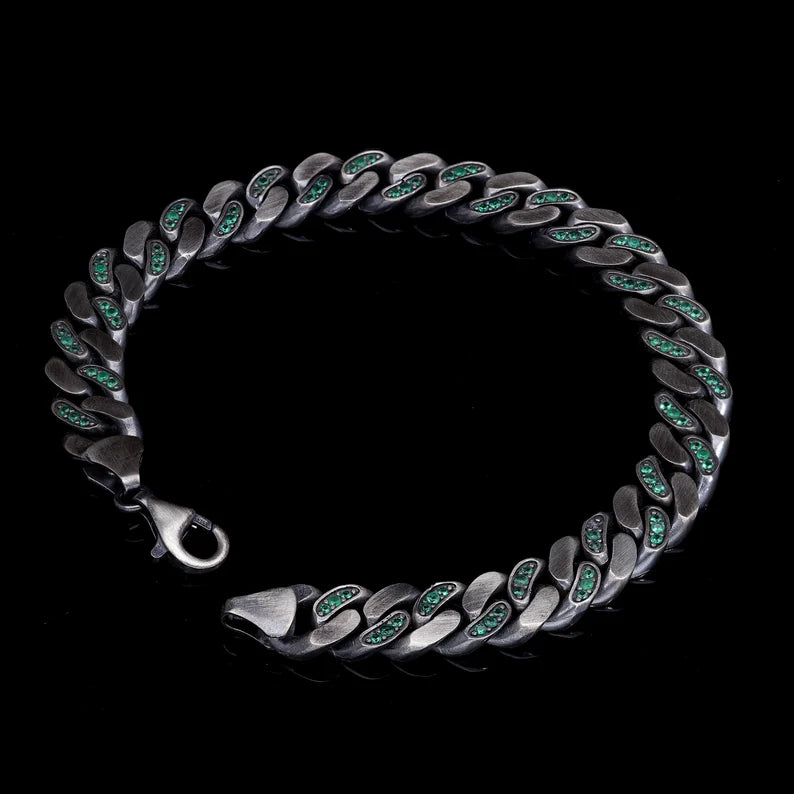 Zyan Gems | 14mm Unique  Green Emerald Iced Cuban Link Bracelet for Men | Dark Oxidized 925 Silver Bracelet Jewelry Authenticity and 925